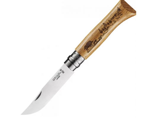 Нож OPINEL №8, нержавеющая сталь, рукоять дуб, гравировка кабан